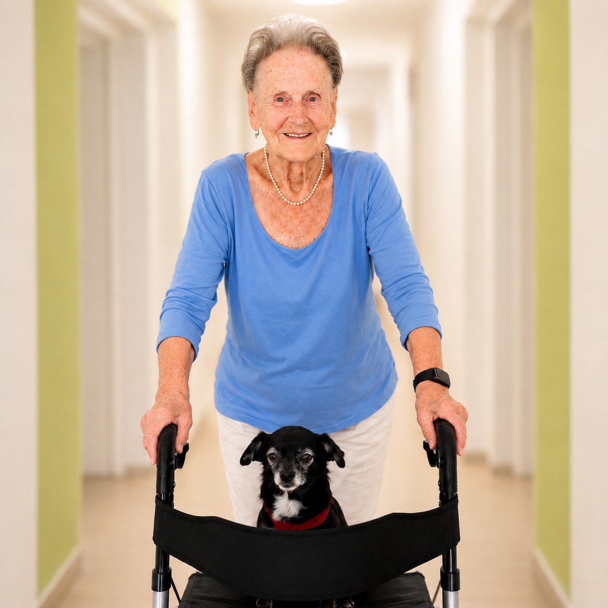 Ältere Dame mit Rollator und Hund in einer hellen Wohnumgebung